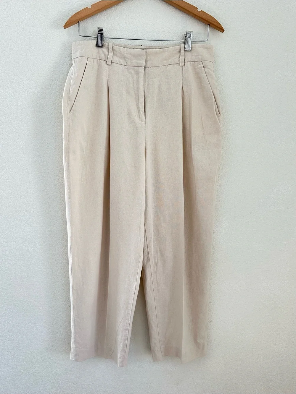Zara High Rise Linen Blend Pleated Trousers Cream Beige Size M